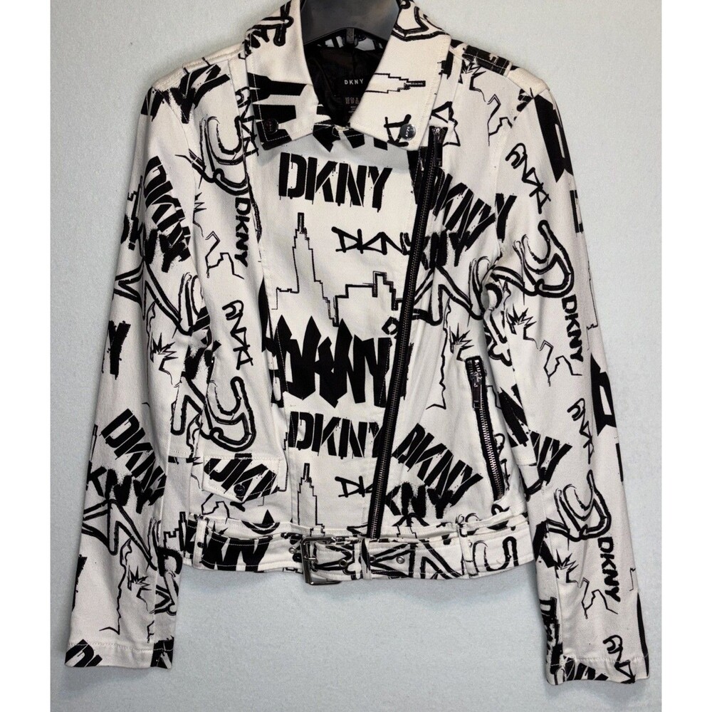 Vintage DKNY Size XS Graffiti Moto Canvas Jacket Logo Skyline White Zip Sleeves